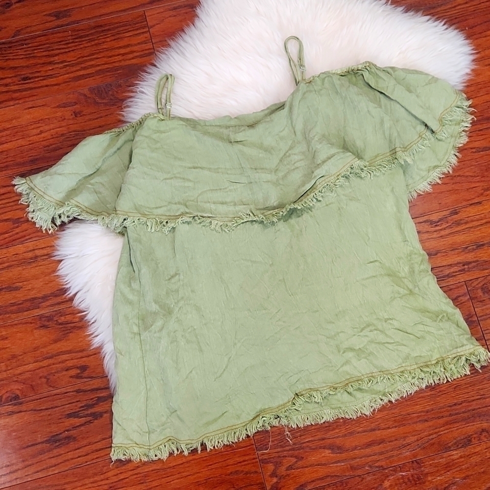 Green Sage Umgee Boho Frayed Blouse